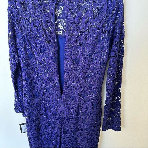 Marina Long Sleeve Illusion Neckline Sequined Lace Dress in Cobalt Blue - Picture 10 of 14